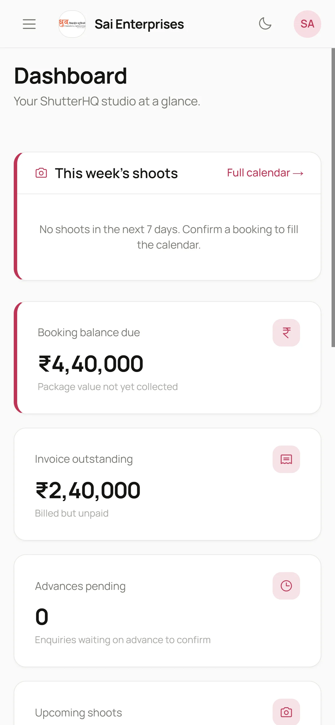 ShutterHQ dashboard on mobile